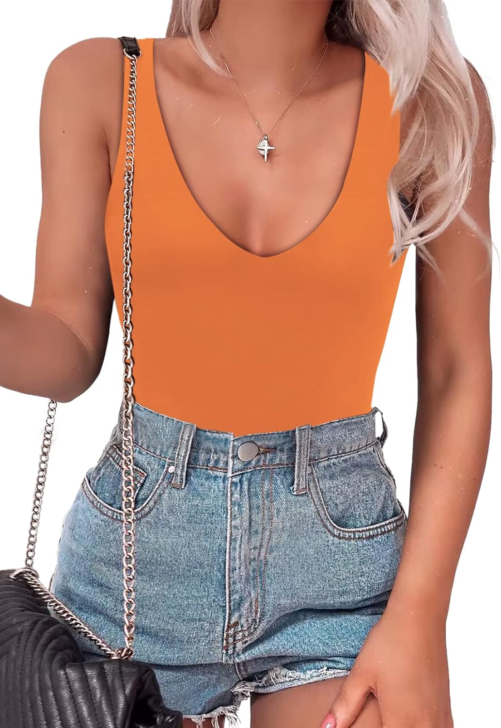 SAUNGKUAI Womens Bodysuit with Plunge Deep V Neck Design