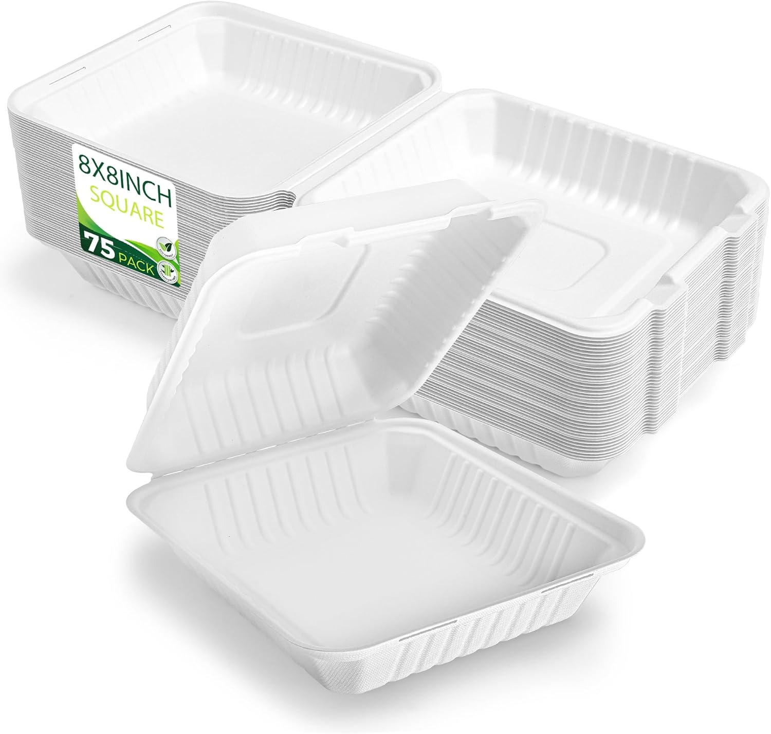 75 Pack 8x8 Take Out Containers - Compostable & Sturdy Design
