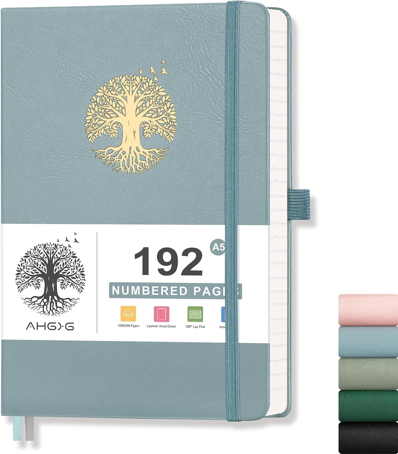 Premium A5 Leather Journal, 192 Numbered Pages - Ideal for Work, Travel, School - Gray Blue