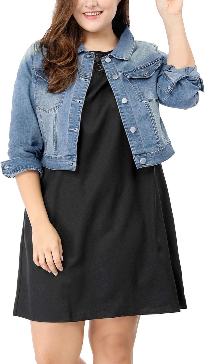 uxcell Women's Plus Size Button Closed Cropped Denim Jacket Review