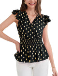 Peplum Wrap V Neck Polka Dot Blouse - Business Casual Top
