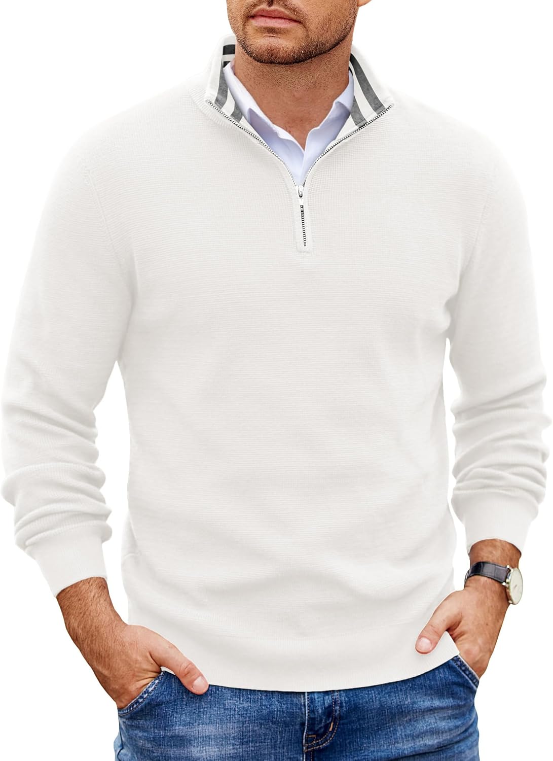 Mens Quarter Zip Pullover Slim Fit Knit Polo Sweater for Casual Wear