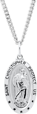 Oval Saint Christopher Medal Necklace 20in - Durable Rhodium Finish