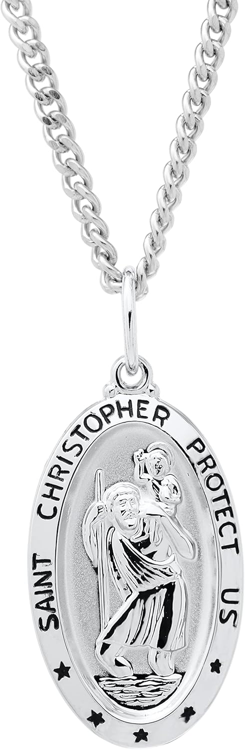 Oval Saint Christopher Medal Necklace with Rhodium Plated Chain