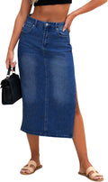 Women Denim Maxi Skirt High Waist with Side Split - Stretchy Fit