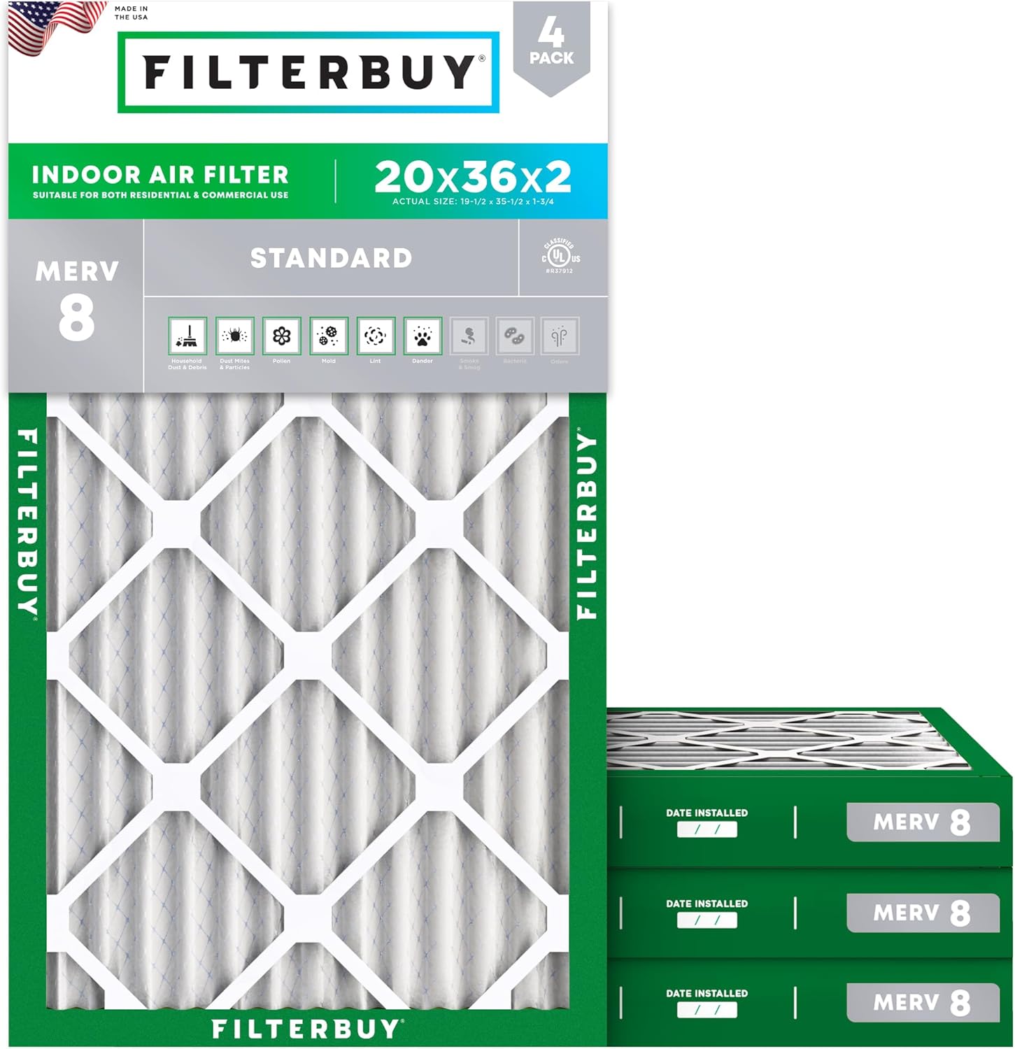 Filterbuy 20x36x2 Air Filter MERV 8 for Dust & Allergy Defense