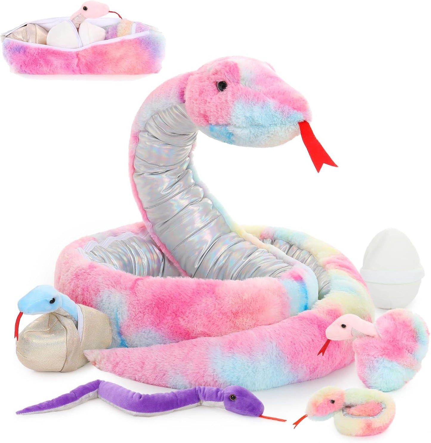 Giant Stuffed Snake Set with 4 Babies & 3 Eggs for Kids Fun