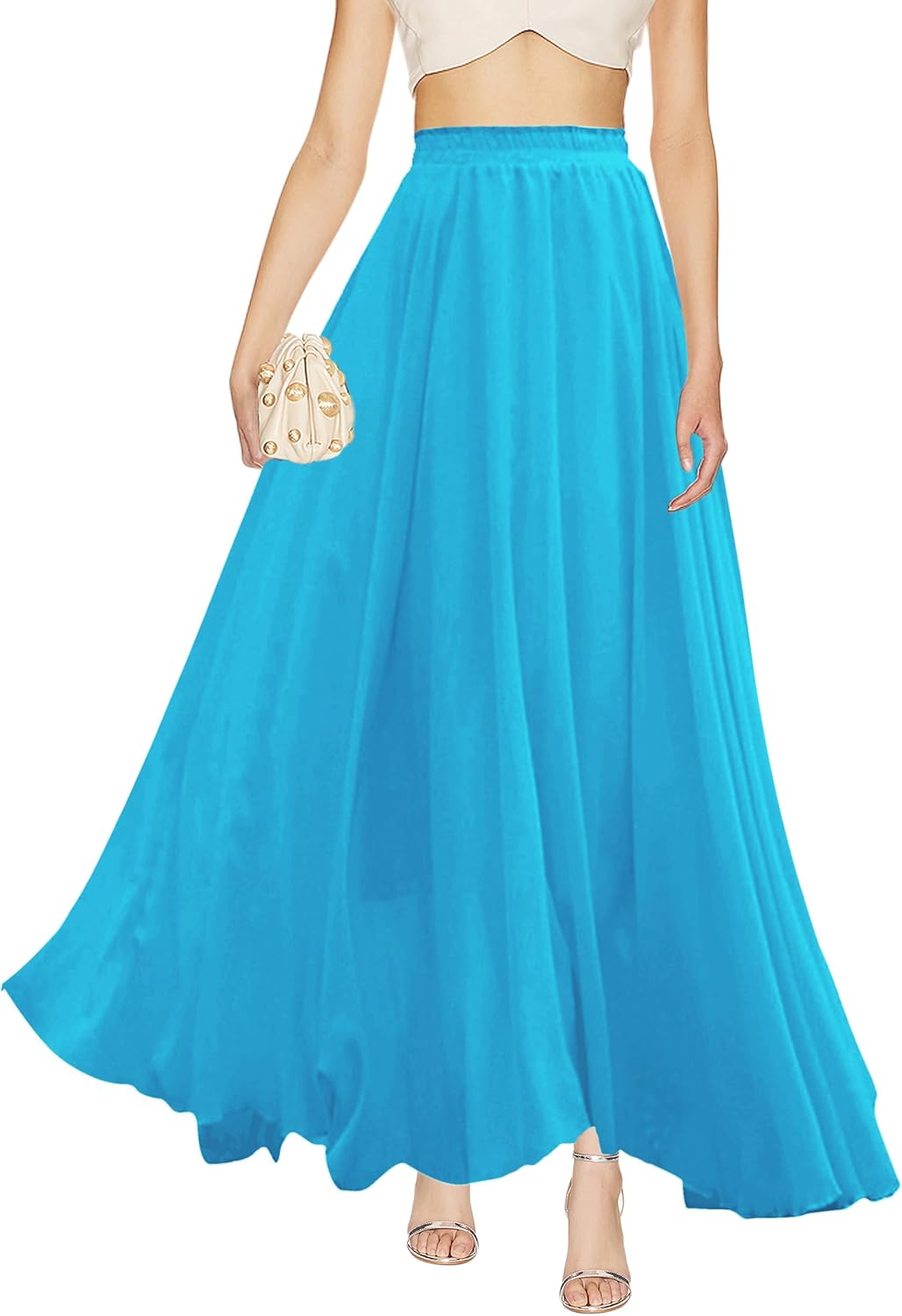 v28 Women Full Length Elastic Pleated Retro Maxi Chiffon Skirt