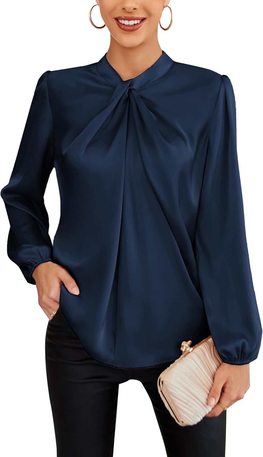 GRACE KARIN Women's Long Sleeve Mock Neck Satin Blouse Tops