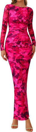 PRETTYGARDEN Long Sleeve Bodycon Maxi Dress - Floral Mesh Ruched Slip
