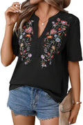 Mexican Shirts for Women Embroidered Floral Tunic V Neck Short Sleeve