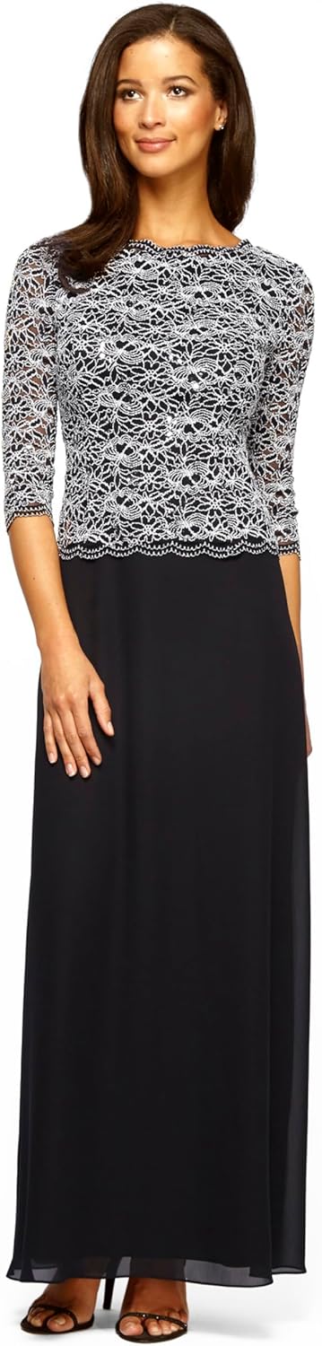 Elegant 3/4 Sleeve Stretch Lace Bodice Mock One Piece Gown