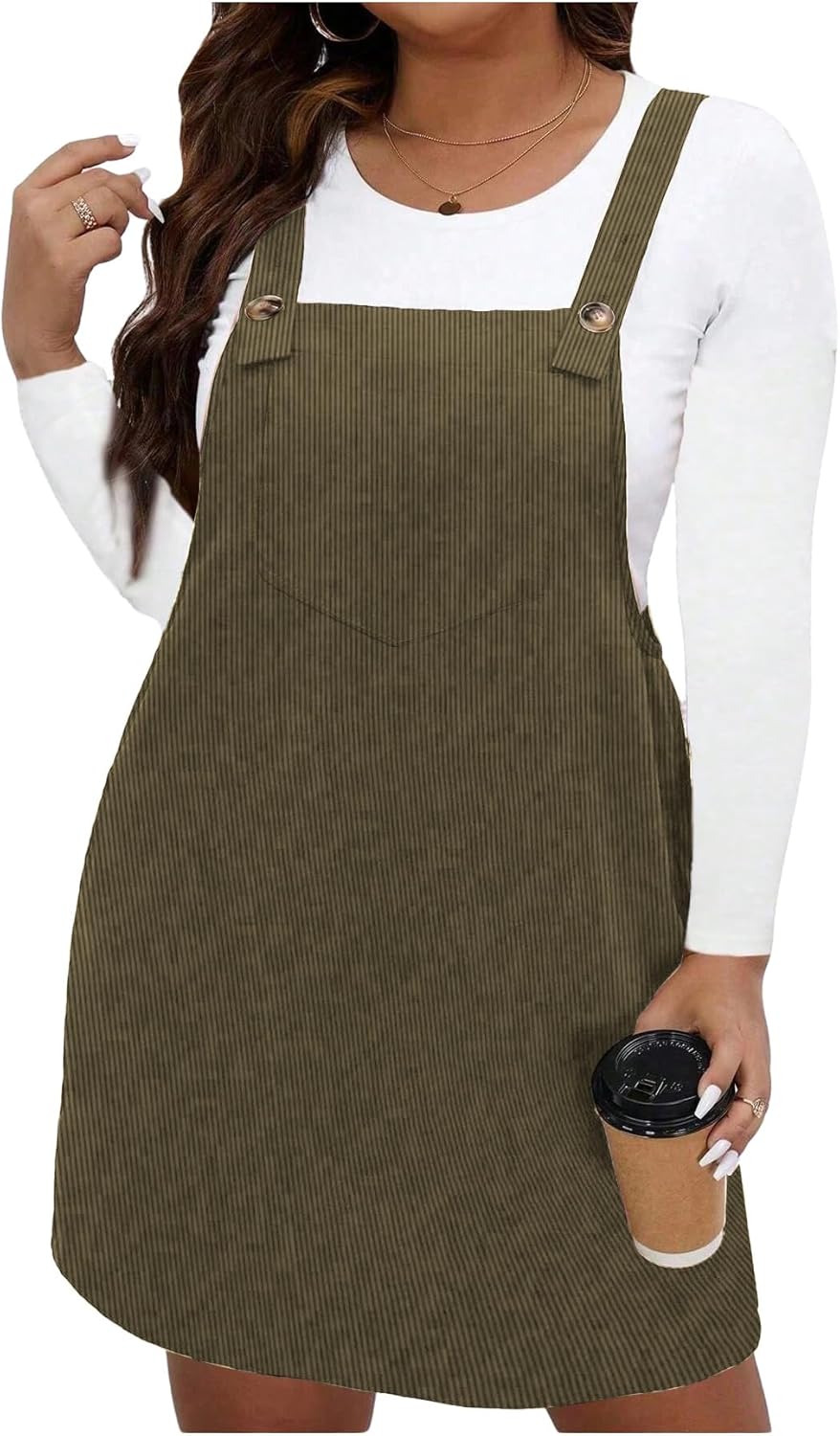 WDIRARA Women's Plus Size Corduroy Sleeveless Pinafore Dress