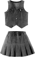 Girl's Y2K Two Piece Denim Vest and Pleated Skirt Set - Cute Y2K Look