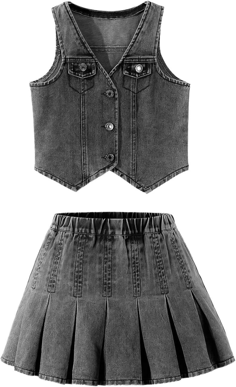 Y2K Two Piece Cute Outfits for Girls - Denim Vest and Skirt Set