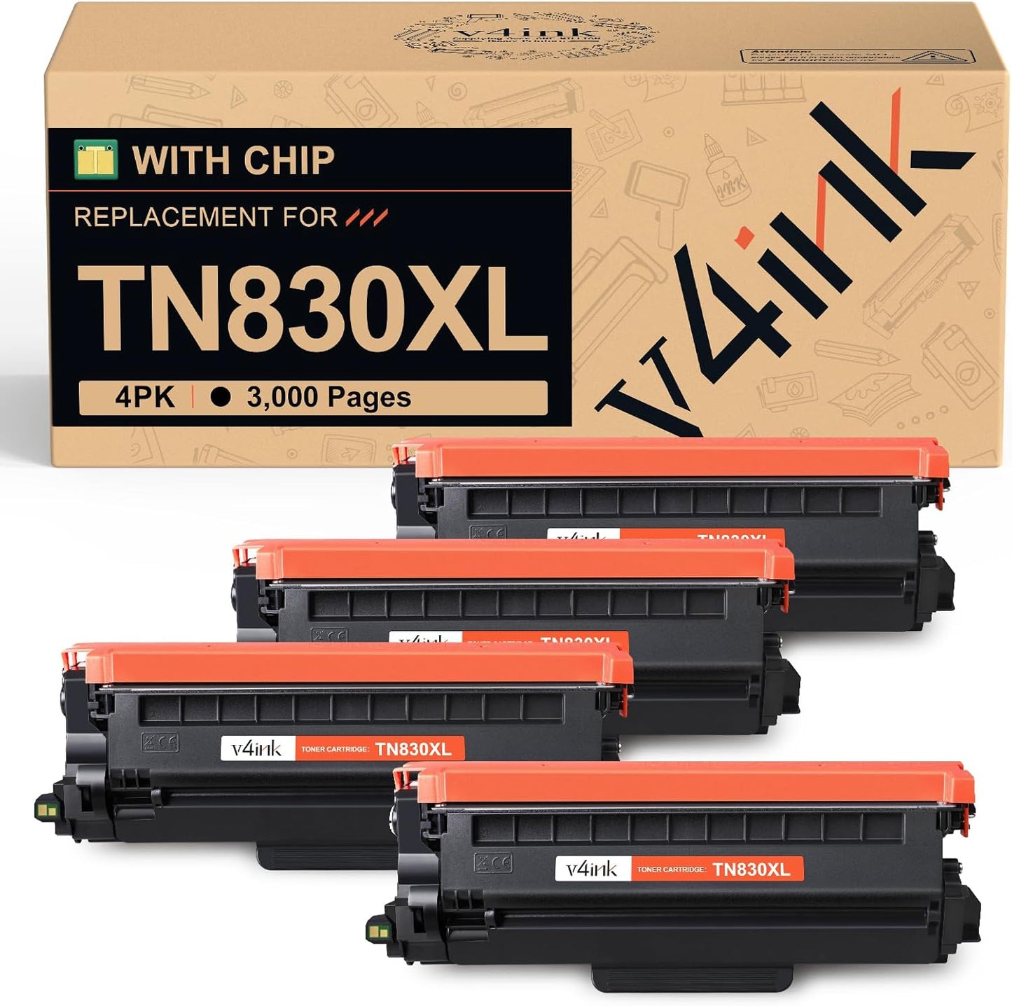 v4ink TN830XL Toner Cartridge Set for Brother Printers, 4PK