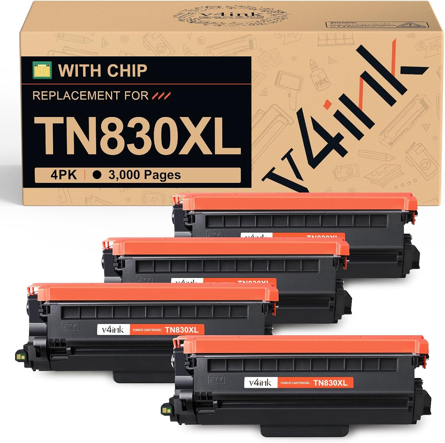 v4ink TN830XL Toner Cartridge Set for Brother Printers, 4PK
