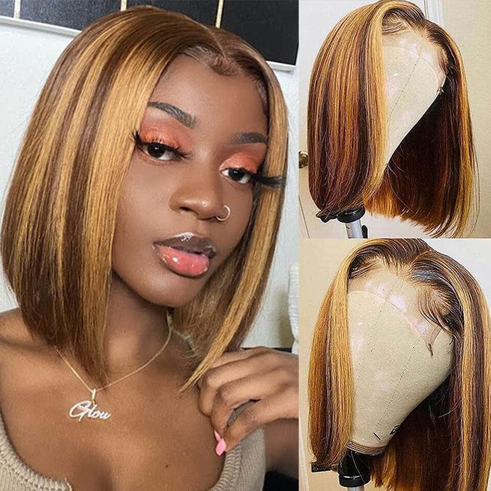 Highlight Lace Front Wig Human Hair Ombre Short Bob 12 Inch