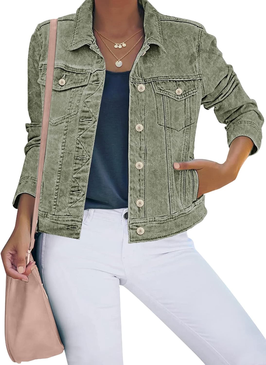 Luvamia Women's Basic Button Down Stretch Fitted Denim Jacket