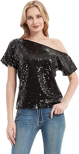 Anna-Kaci Womens Short Sleeve One Shoulder Sequin Top Blouse Review
