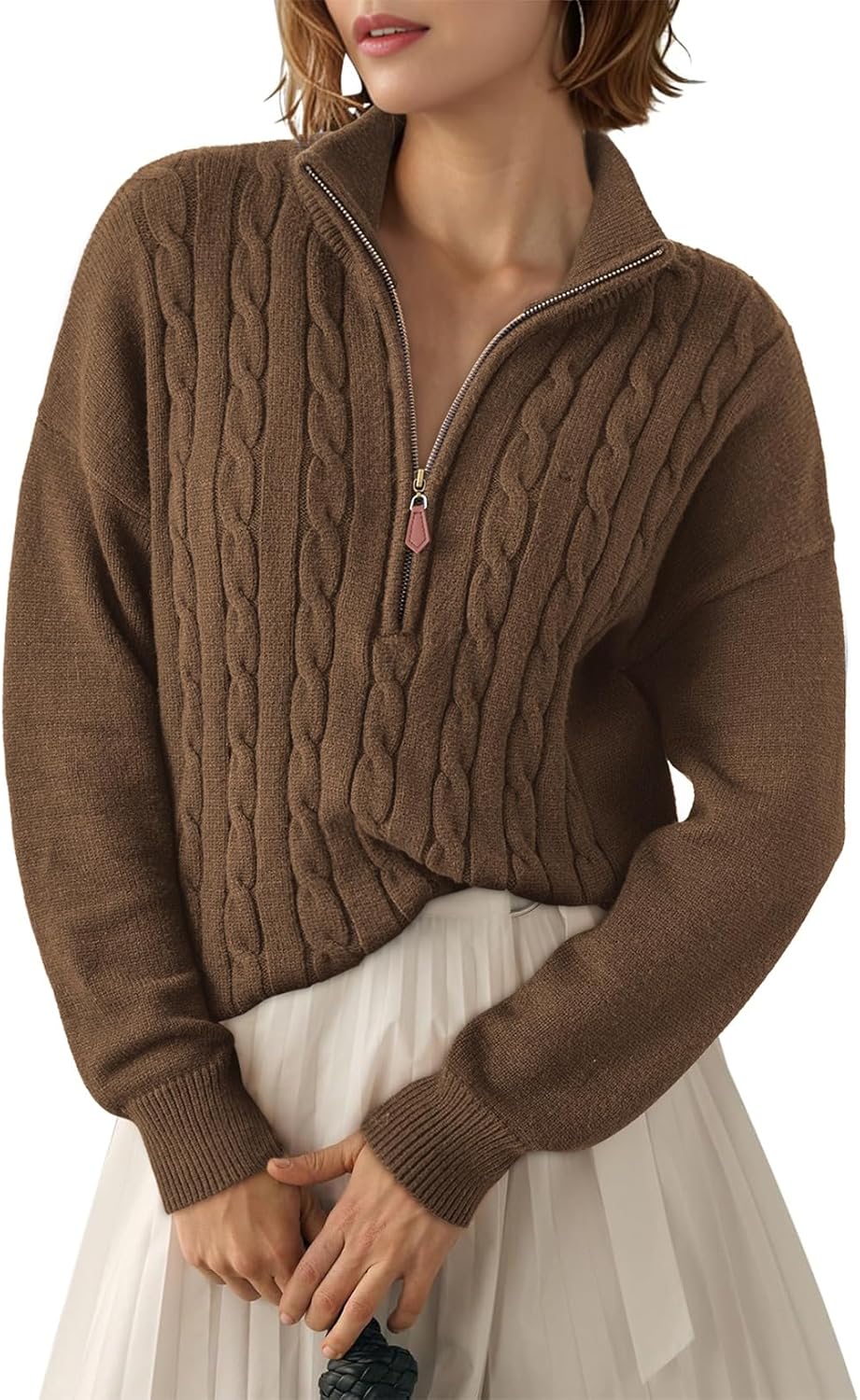 Dokotoo Women's Quarter Zip Ribbed Cable Knit Pullover Sweater