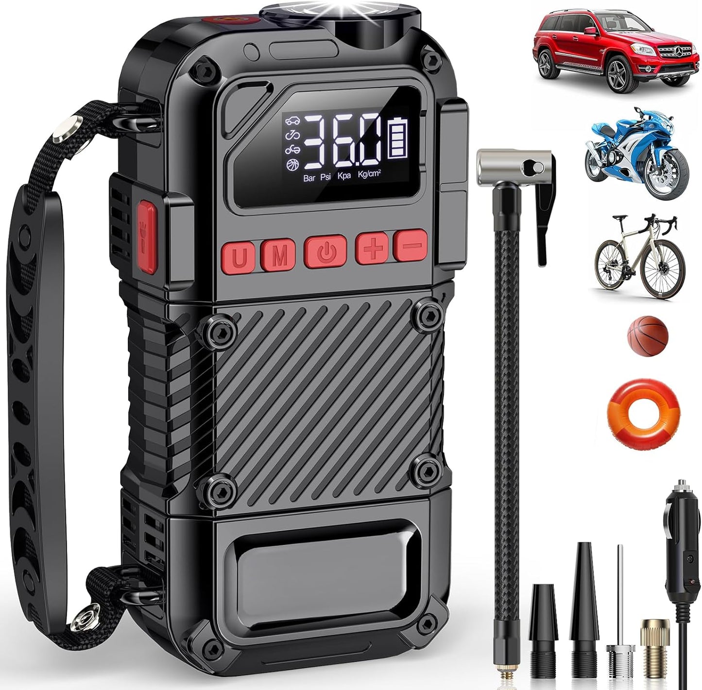 Portable Tire Inflator with LED Light and LCD Screen Features