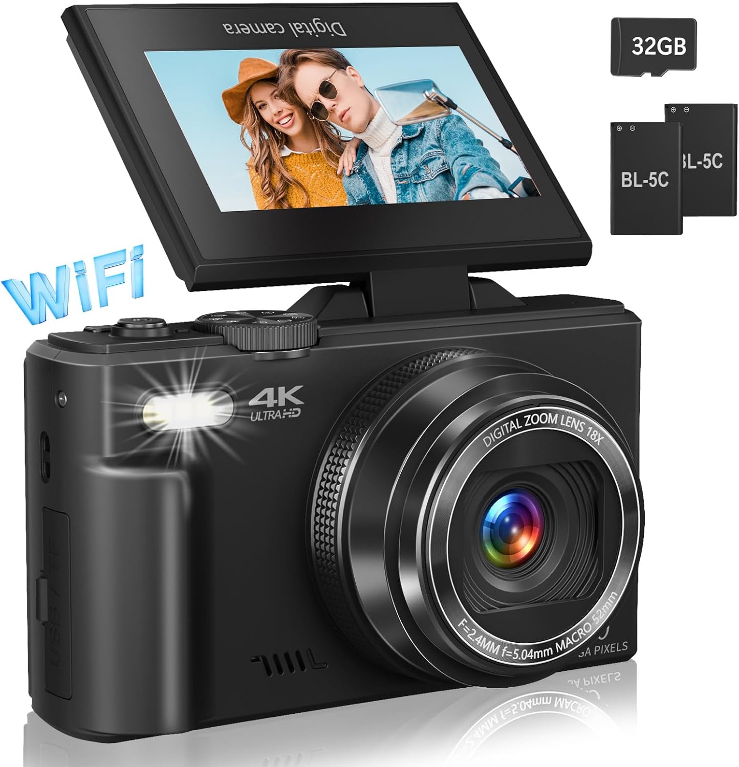 4K Vlogging Camera for YouTube - Compact Retro Gavonde Camera with 32GB TF Card & 2 Batteries