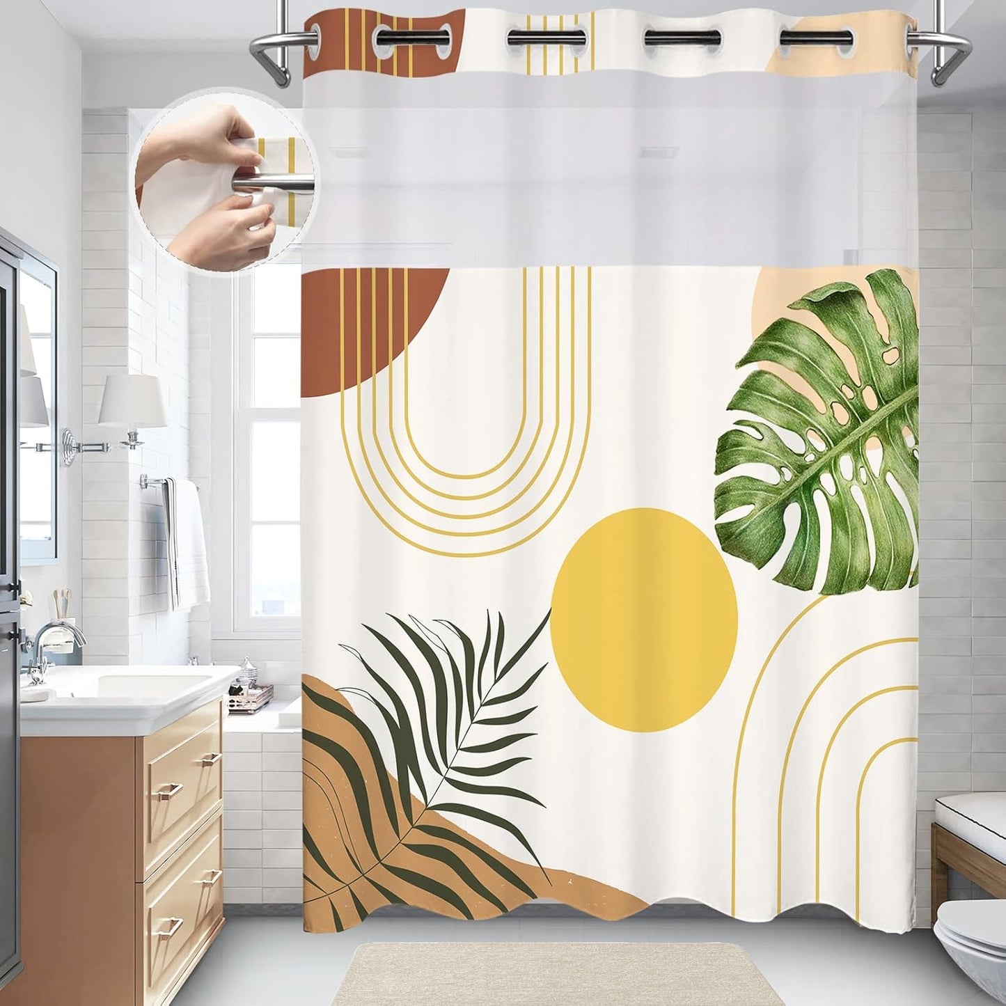 No Hook Boho Green Leaf Shower Curtain Set
