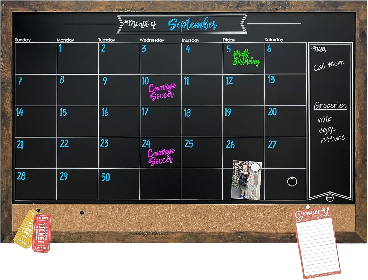 Loddie Doddie Rustic Framed Magnetic Chalkboard Calendar for Home