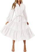 MASCOMODA Womens Long Sleeve Midi Tie Waist Dress - Flowy Aline 2025