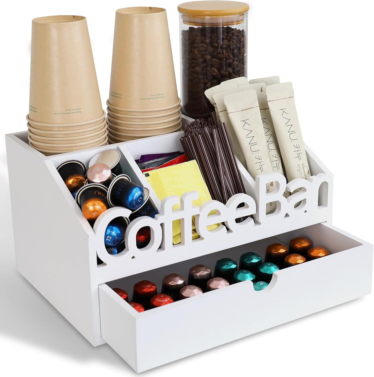 Coffee Bar Organizer for Countertop with Black Drawer Storage