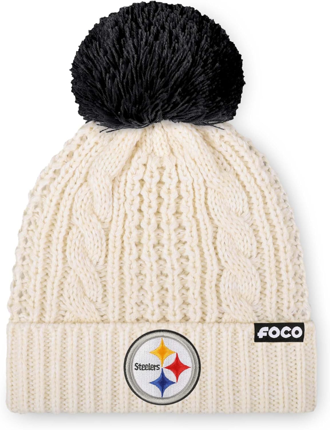 FOCO NFL Womens Cable Knit Pom Beanie Hat for Cozy Style