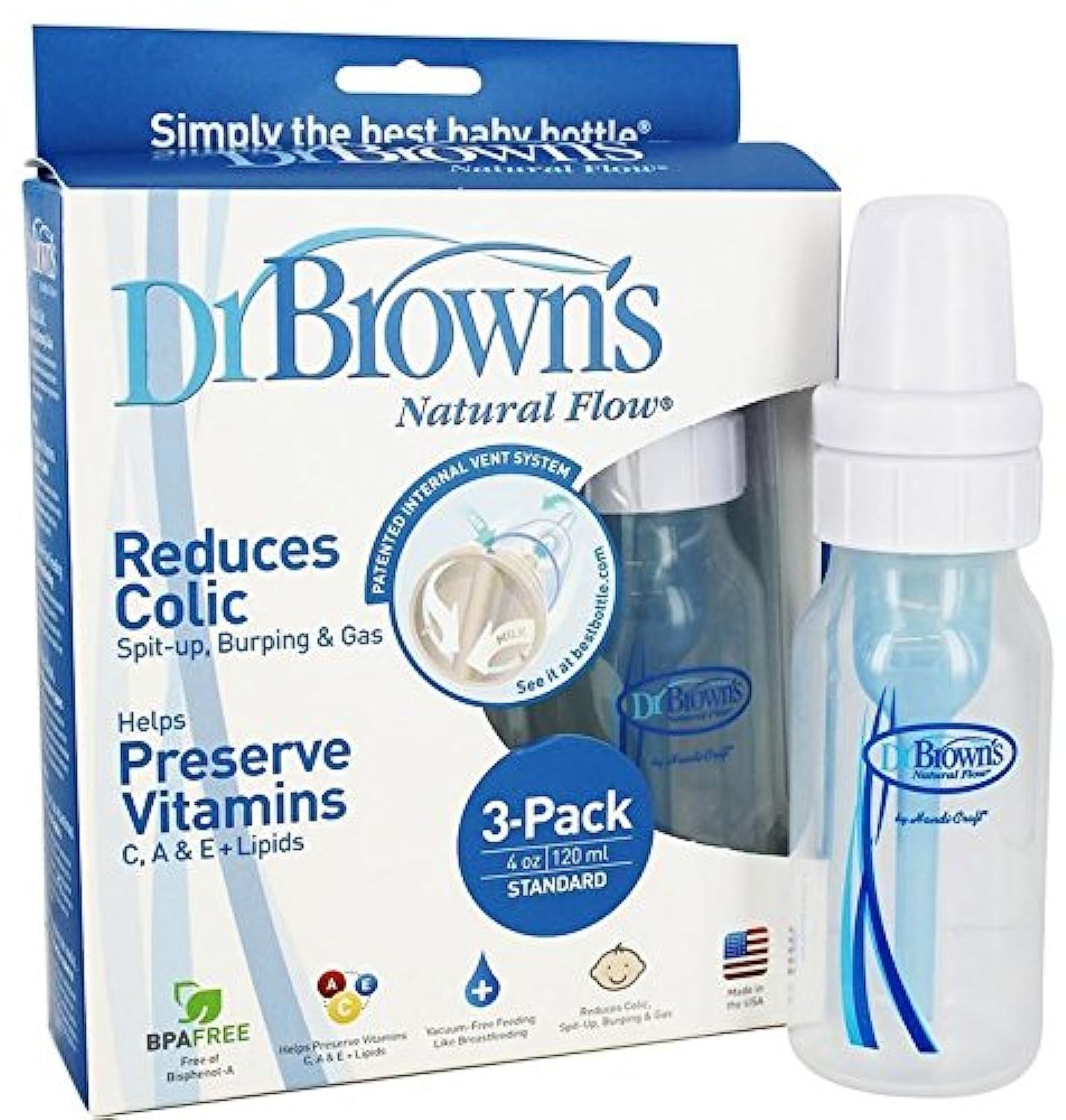 Dr. Brown's Original Bottle, 4oz, 3-Pack - Promotes Healthy Feeding