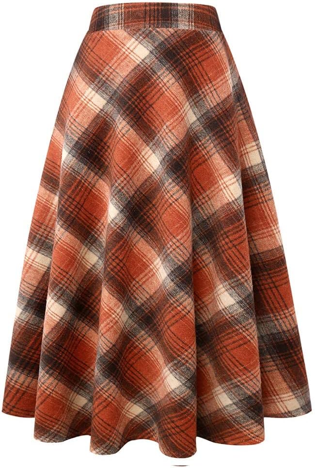 Long Plaid Wool Skirt for Women - Warm High Elastic Waist A-Line