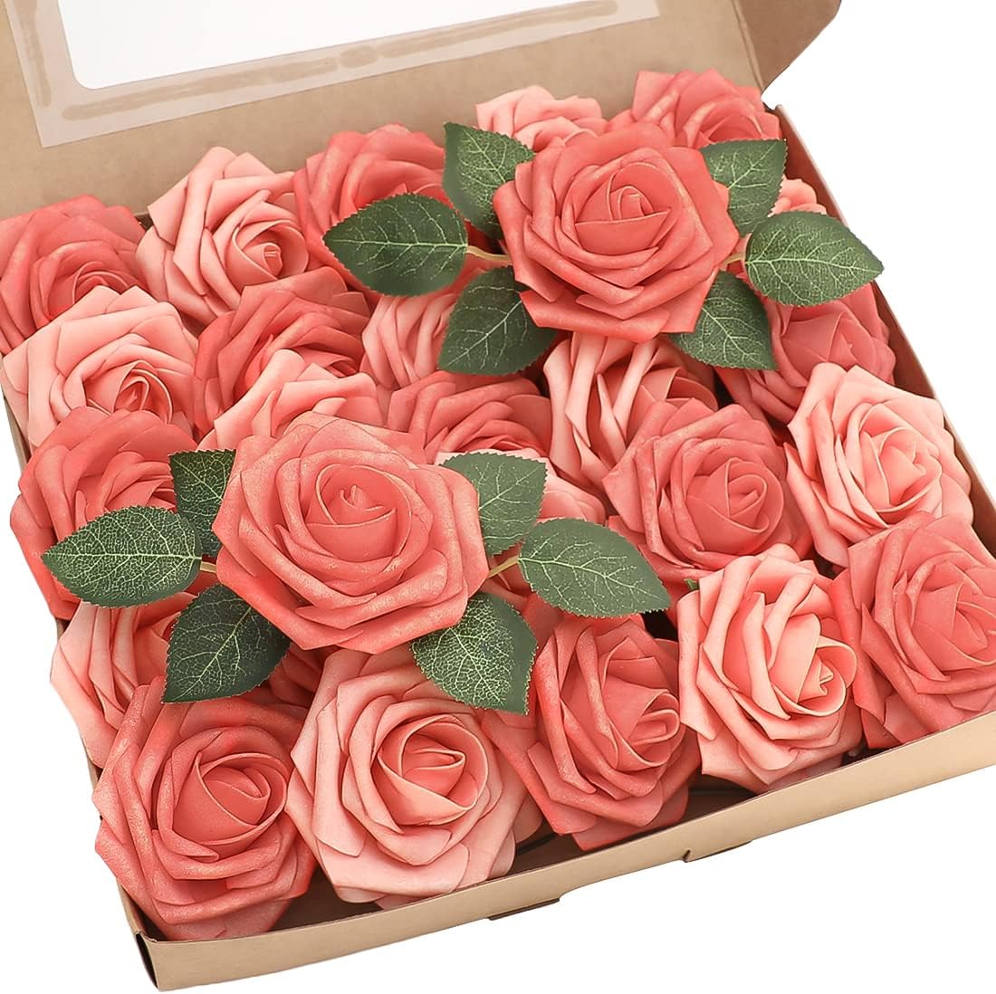 Floroom Artificial Flowers 50pcs Real Looking Coral Foam Roses