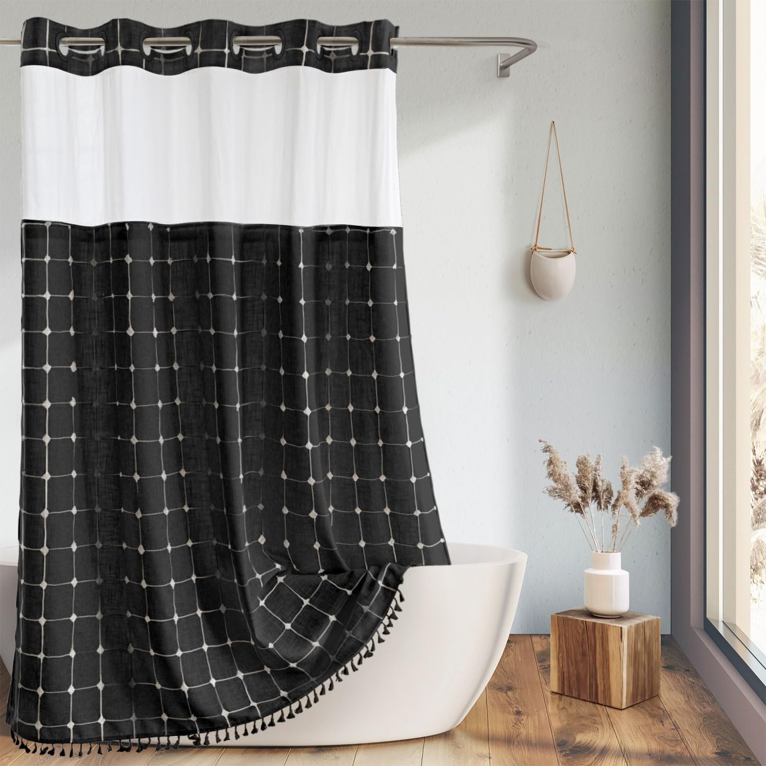 Farmhouse Shower Curtain with Snap-in Liner for Rustic Decor