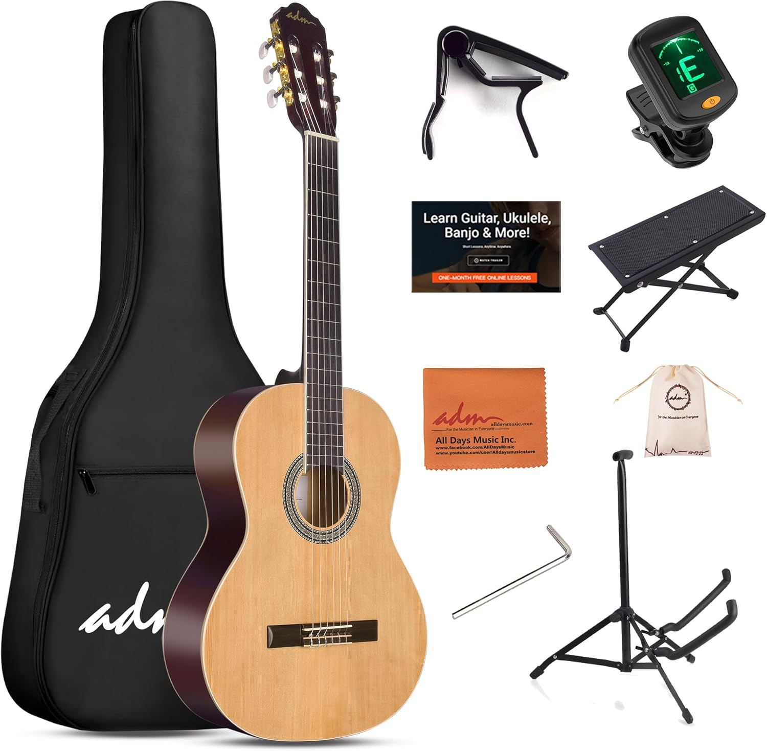 ADM Full Size Classical Nylon Strings Acoustic Guitar Starter Kit