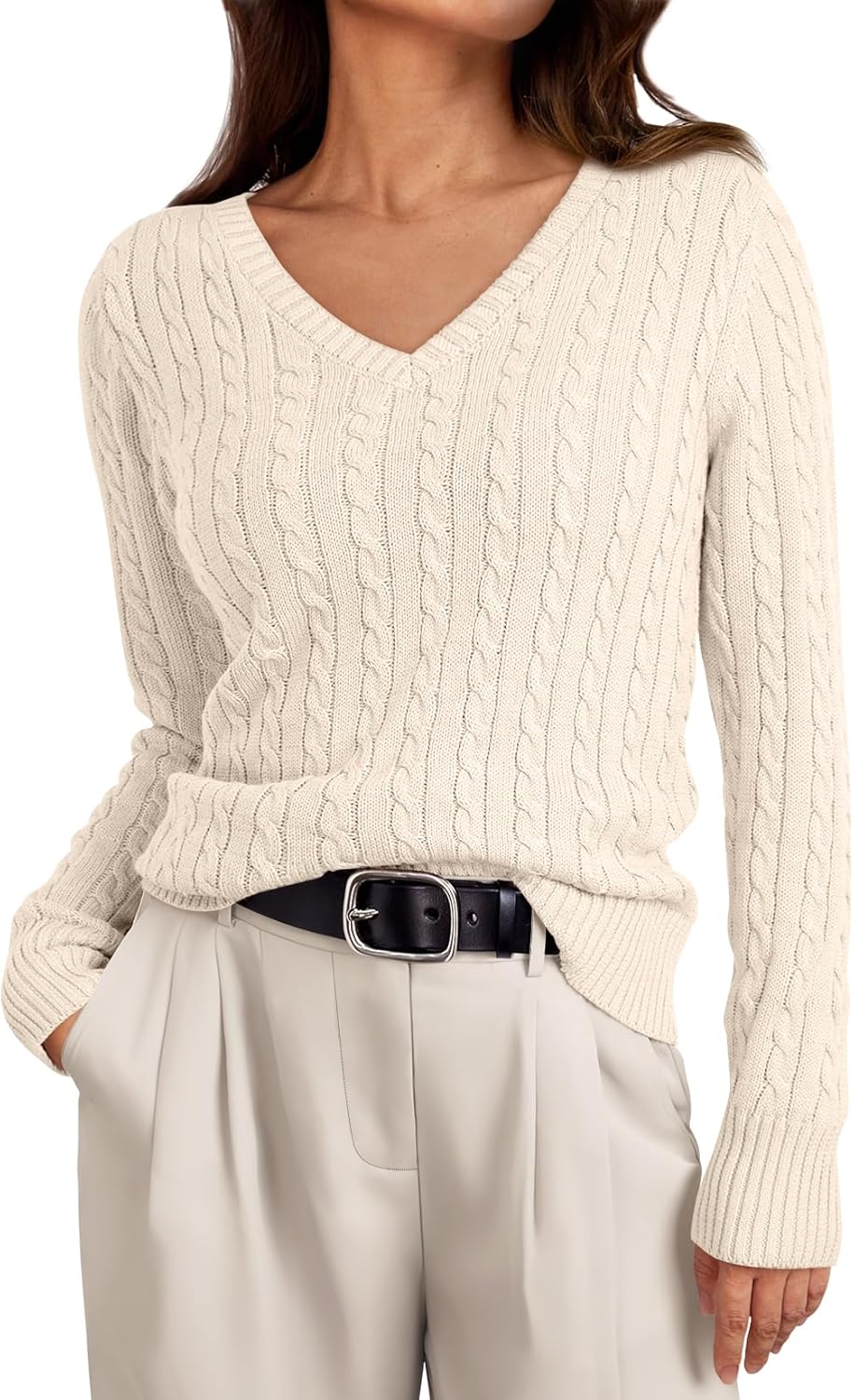 LILLUSORY Women's Cable Knit V Neck Lightweight Pullover Sweater
