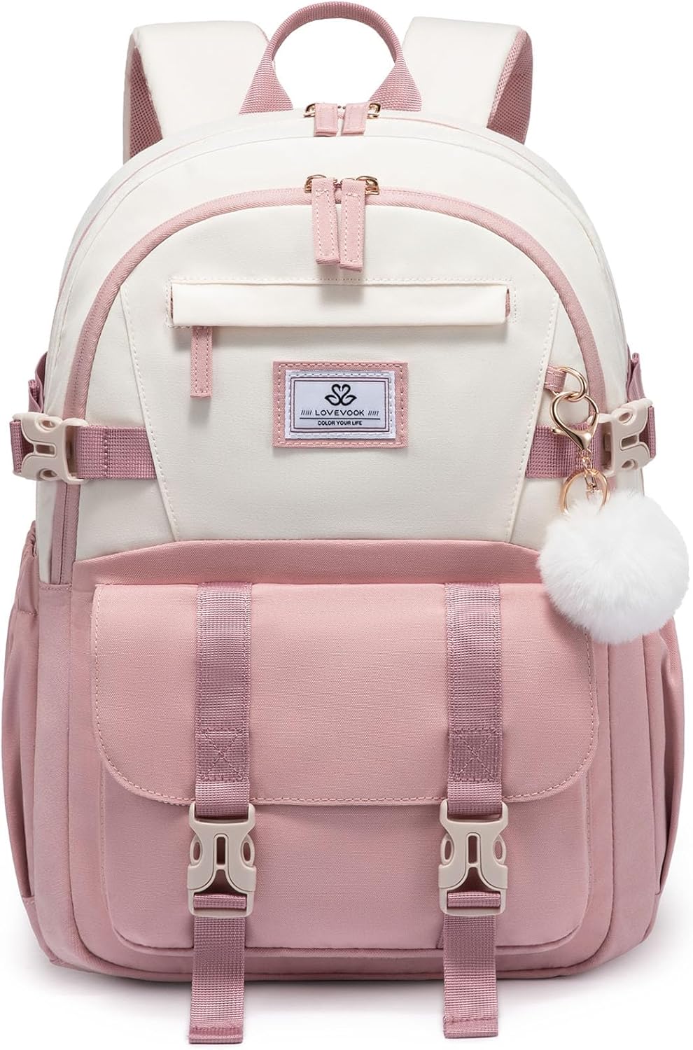 LOVEVOOK Pink Cute School Backpack for Girls with Large Cup Holder