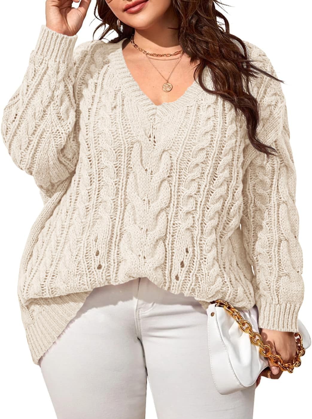 Dyexces Plus Size Sweaters for Women V Neck Long Sleeve Style