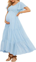 Swiss Dot Smocked Maternity Dress Tiered Maxi - Boho Baby Shower