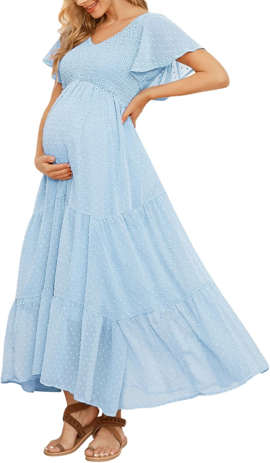 Elegant Swiss Dot Smocked Maternity Dress for Baby Showers
