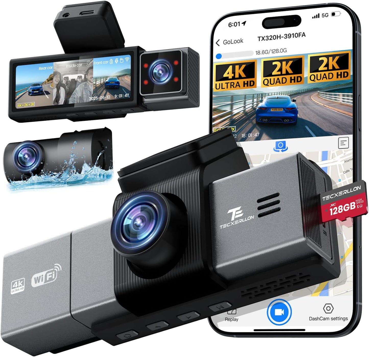 4K 3 Channel Dash Camera with App Control and Night Vision