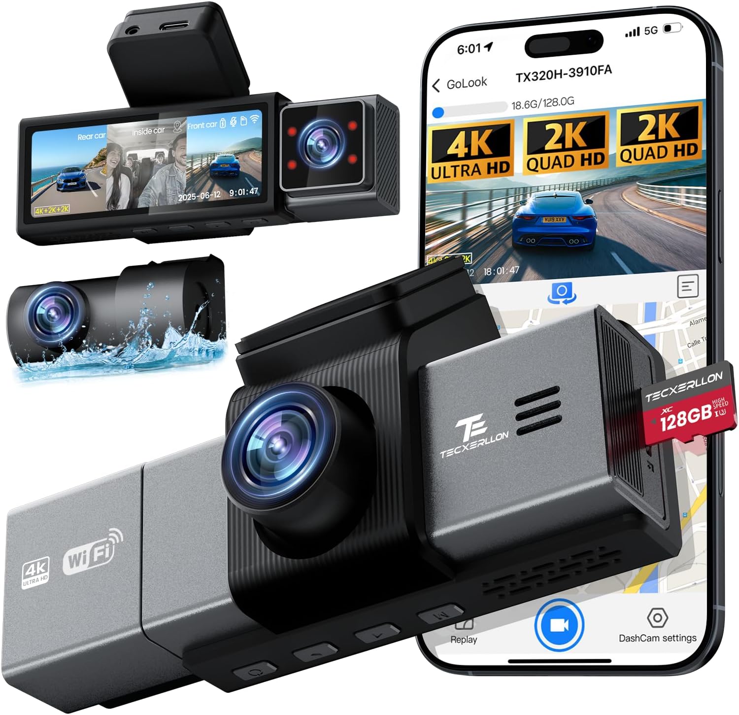 4K 3 Channel Dash Camera with App Control and Night Vision