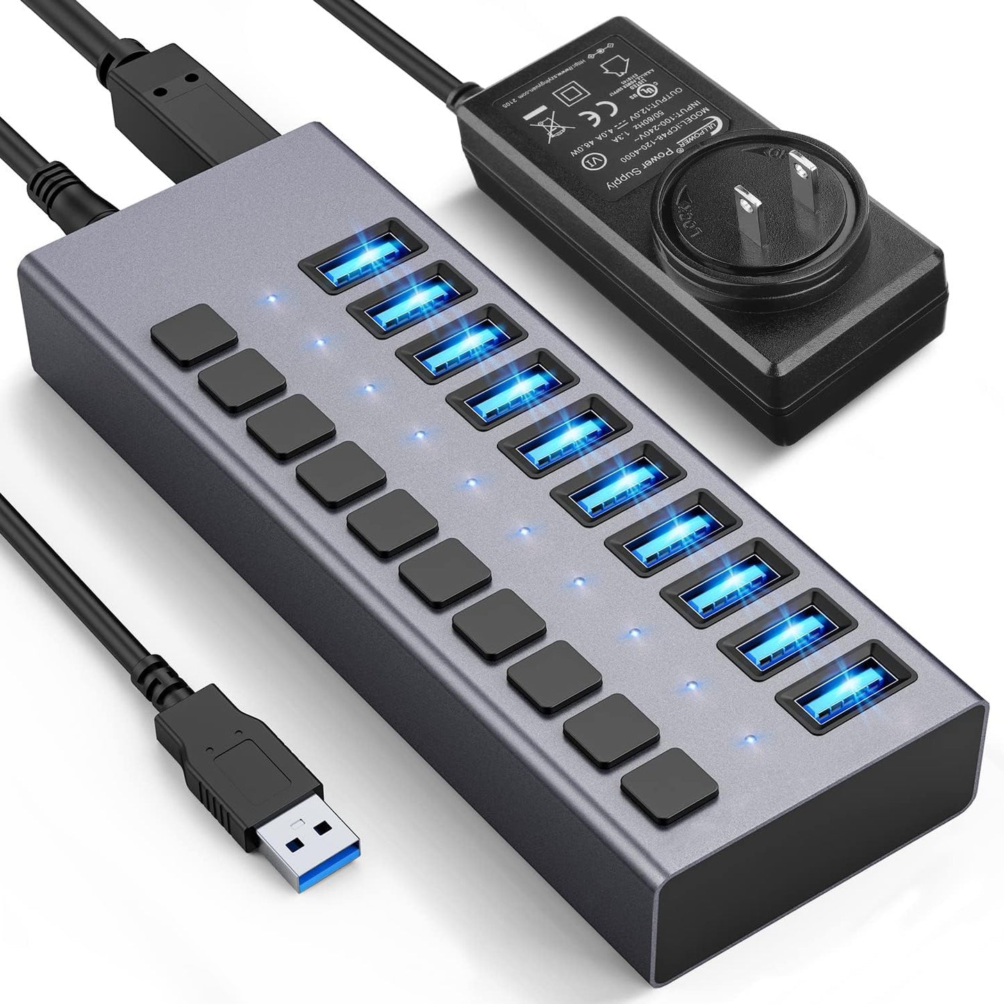 48W Powered USB Hub - 10 Ports USB 3.0 Data Hub with Switches
