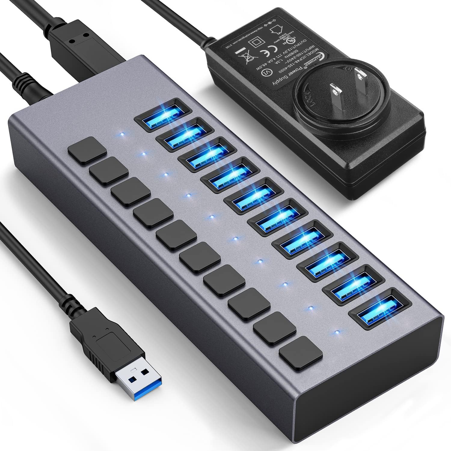 48W Powered USB Hub - 10 Ports USB 3.0 Data Hub with Switches