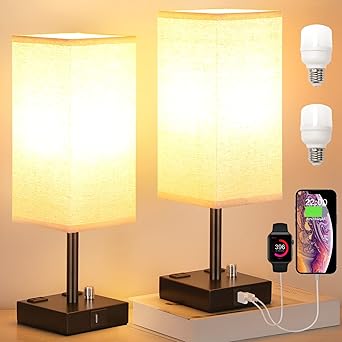Fully Dimmable Nightstand Lamps Set of 2 with USB Ports