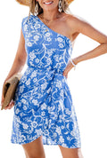 One Shoulder Leaf Print Mini Dress - Tropical Wrap Summer Dress