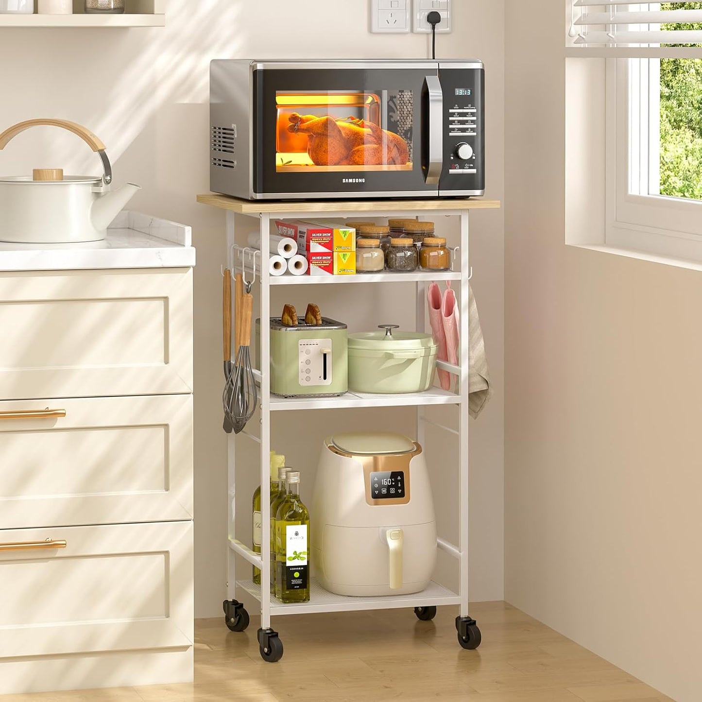 Rolling Kitchen Microwave Cart with Storage and Lockable Wheels
