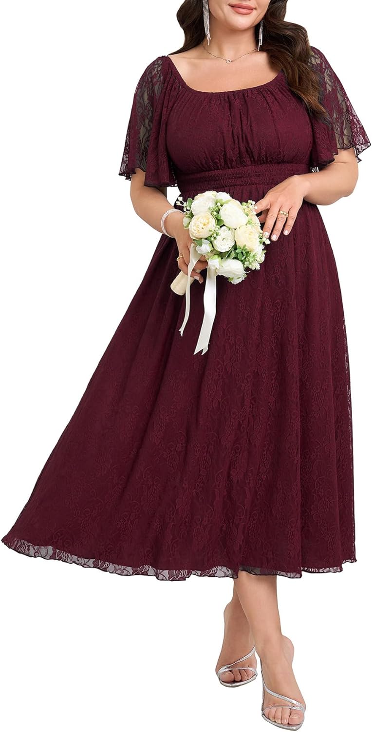 Plus Size Wedding Guest Dress with Lace Square Neck Design